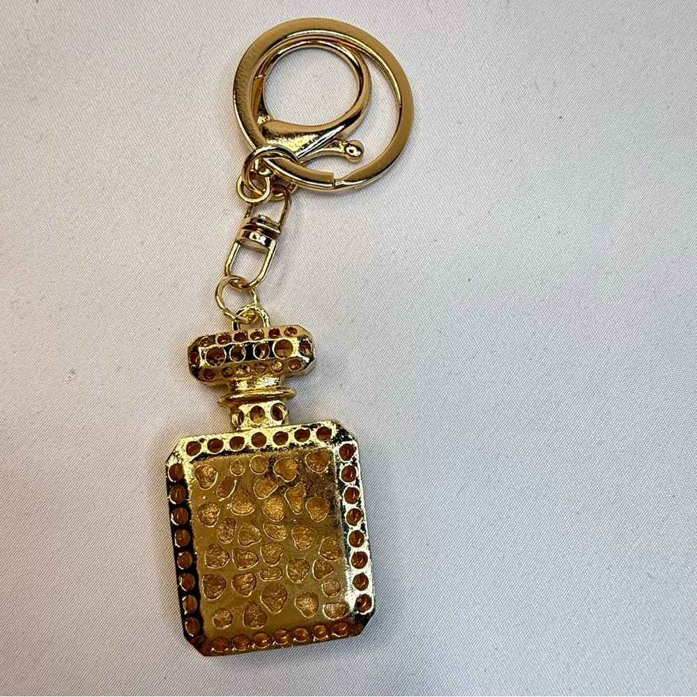 Gold and Pink Heart Perfume Bottle Rhinestone Keychain - Picture 3 of 3